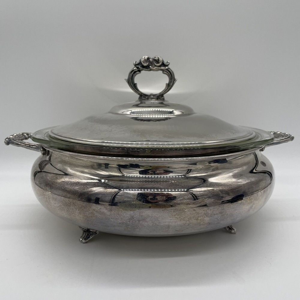 Vtg English Silver MFG Corp Silverplate Serving Dish‎ & Pyrex Insert Made in USA